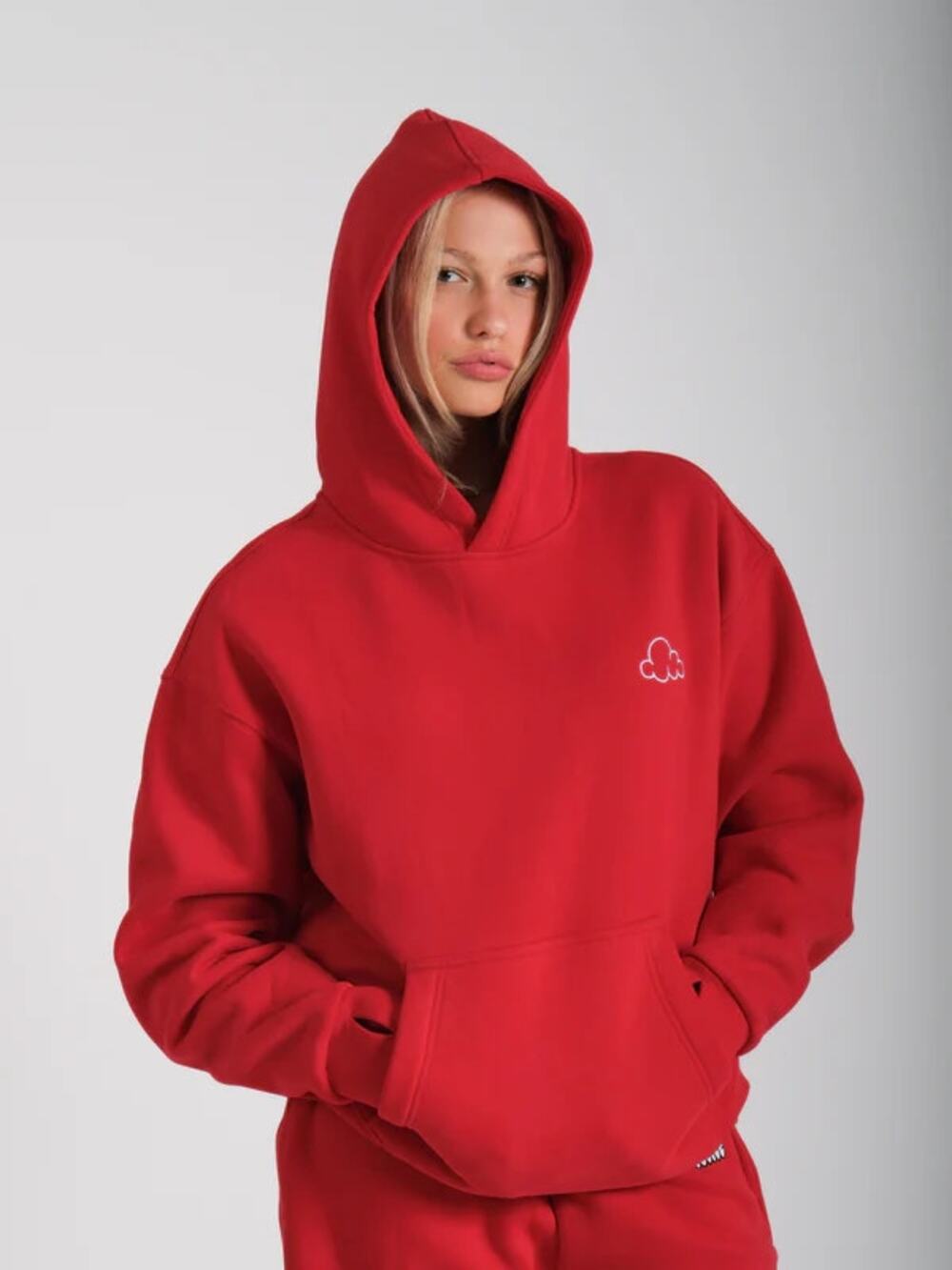 NEW Cloud Nine Logo Hoodie Women's Red Embroidered Cuffed Pocket Size L